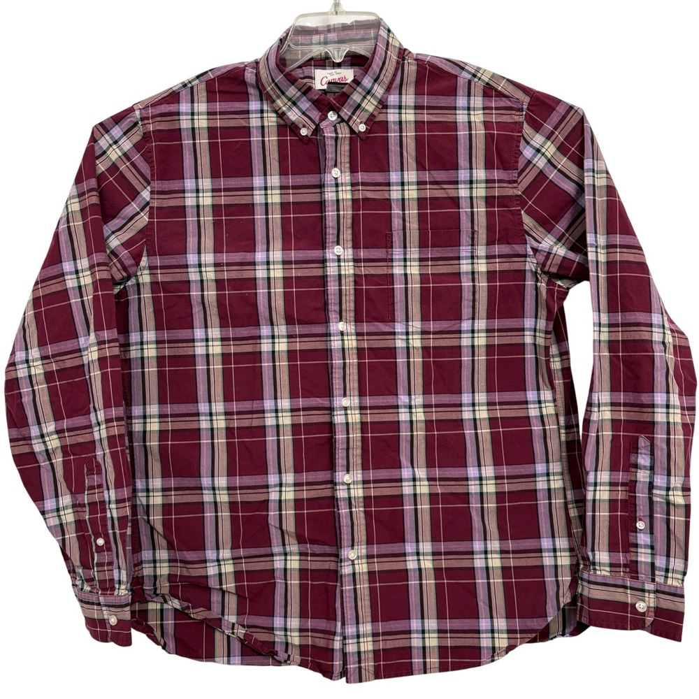 Lands End Canvas Mens Large Plaid Button Down Shirt Burgundy Purple 414305